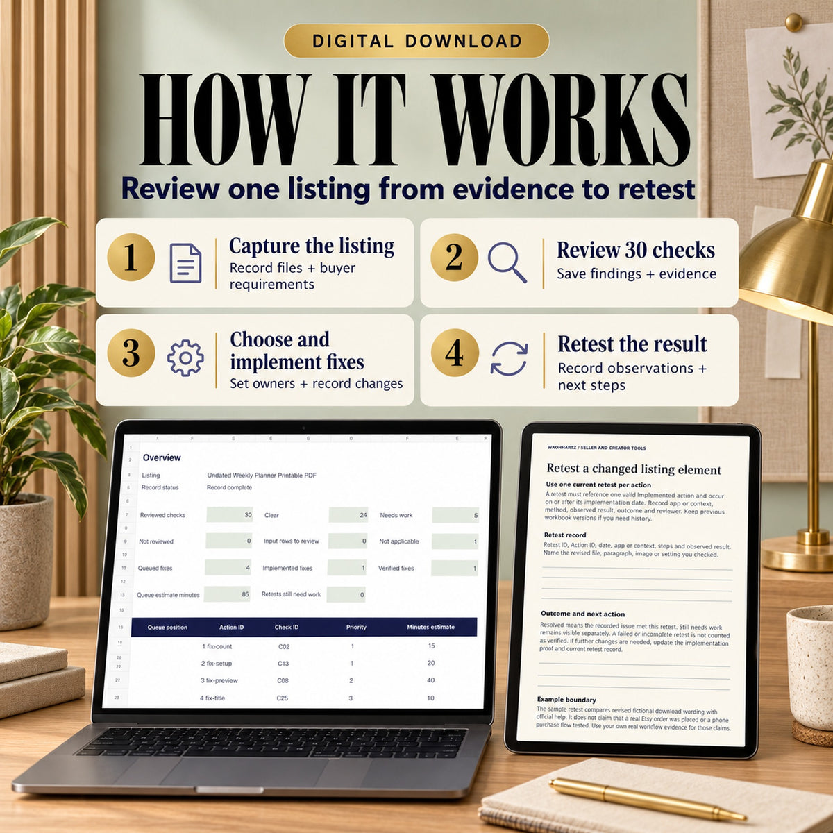 Four-step process to capture an Etsy listing, review 30 checks, implement selected fixes and record retest results.