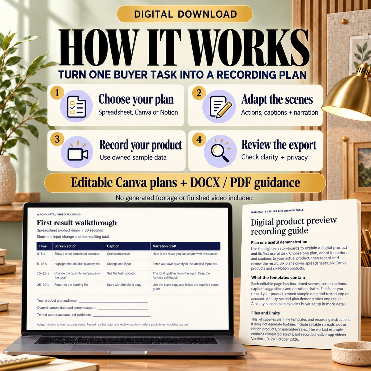 Four-step process to copy a storyboard, adapt timed captions and narration, record owned sample data, and review the exported preview.