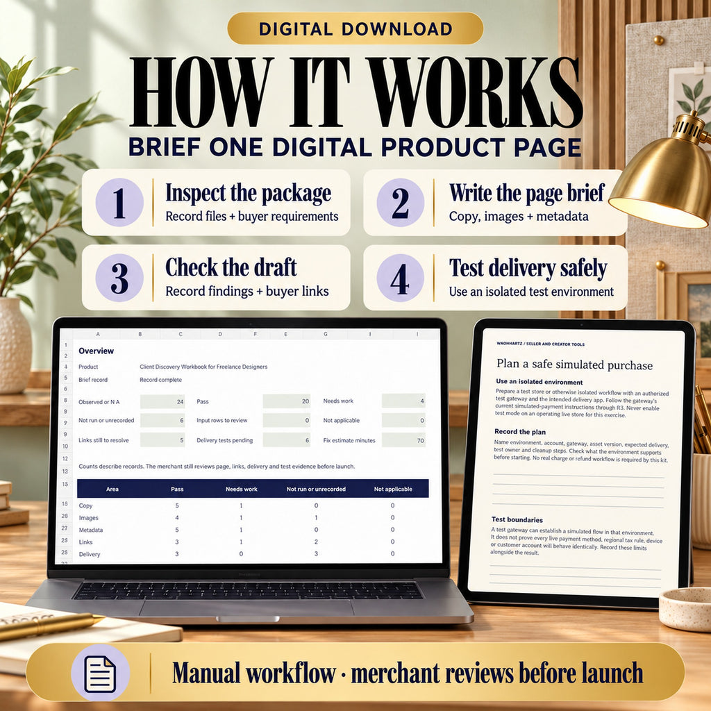 Four-step workflow to inspect a digital product package, brief its Shopify page, review content and links, and plan delivery tests.