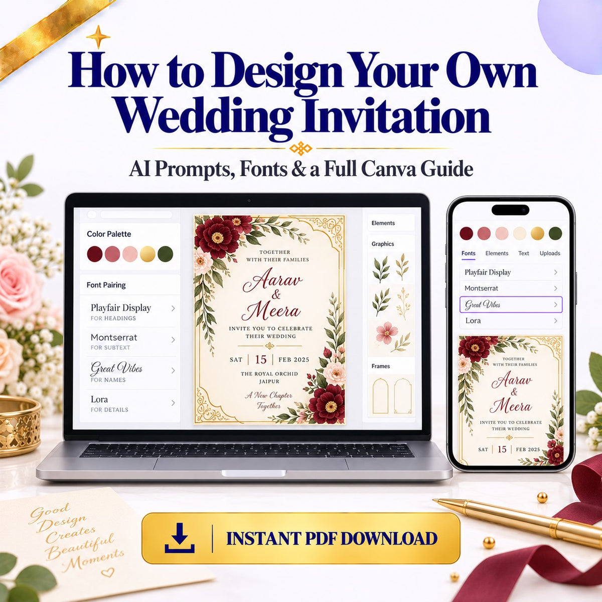 How to Design Your Own Wedding Invitation — AI Prompts, Fonts &amp; Canva Guide | Instant Download PDF