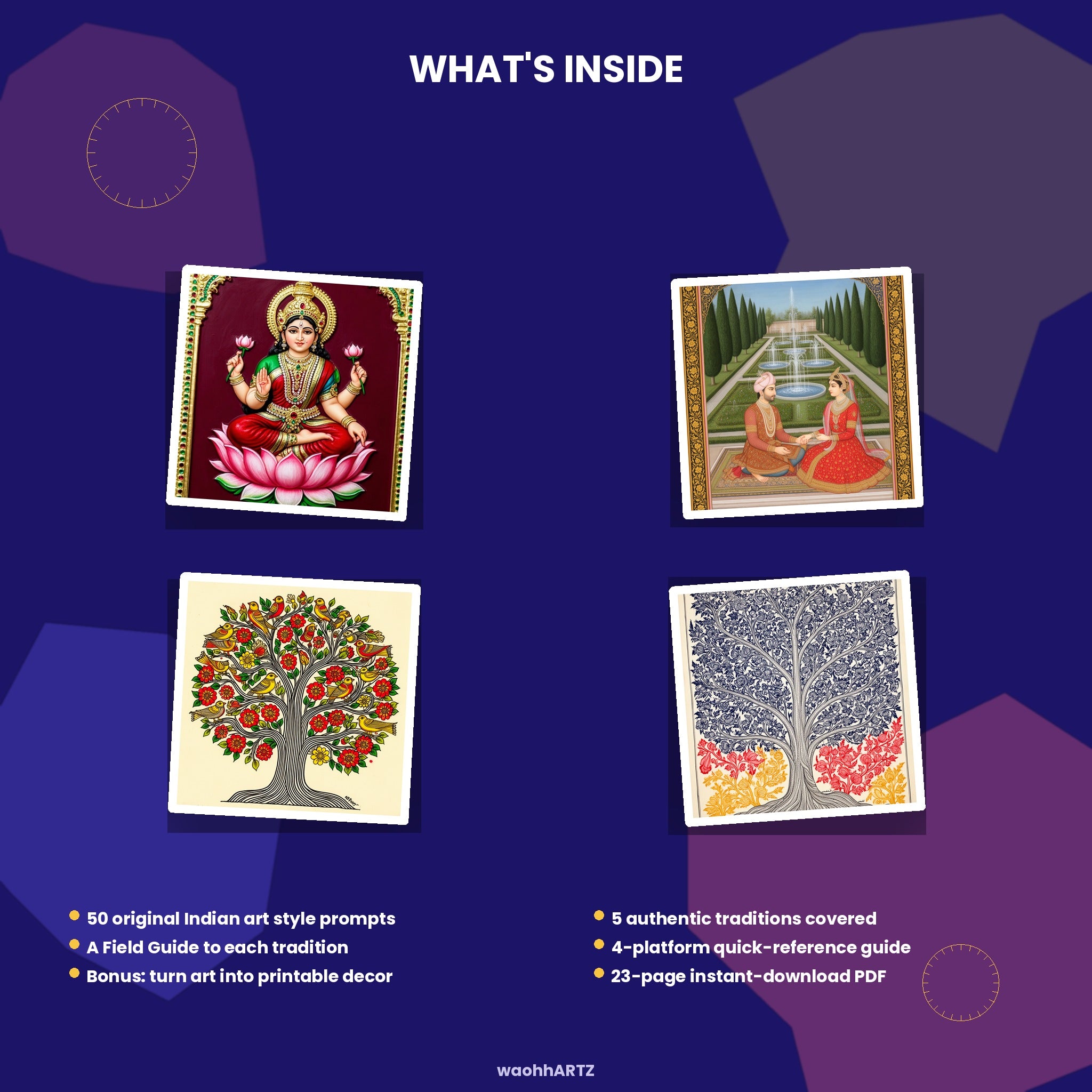 50 Indian Art Styles AI Prompts — Tanjore, Mughal, Madhubani, Warli, Pattachitra — Instant Download PDF