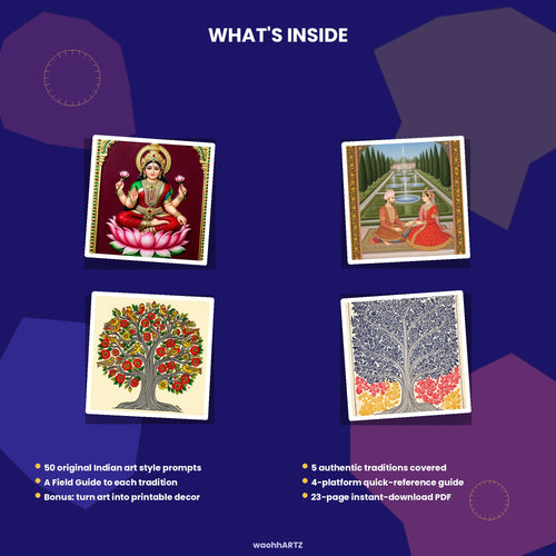 50 Indian Art Styles AI Prompts — Tanjore, Mughal, Madhubani, Warli, Pattachitra — Instant Download PDF