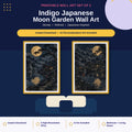 Indigo Japanese moon garden wall art pair in gold frames with pine, bridge and moonlit pond