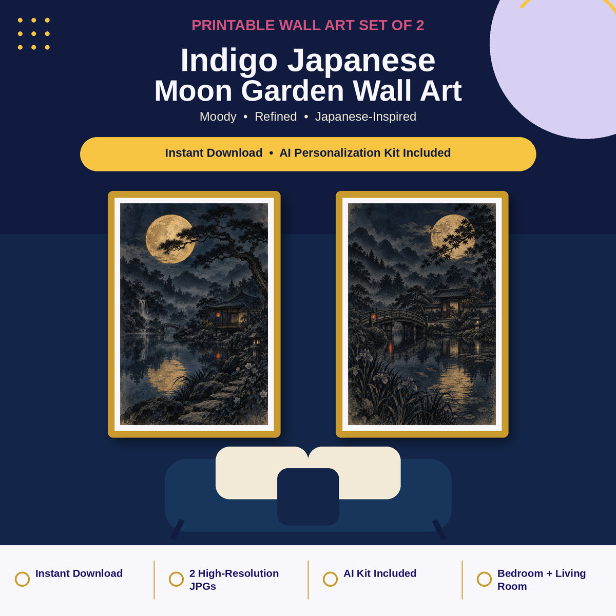 Indigo Japanese moon garden wall art pair in gold frames with pine, bridge and moonlit pond