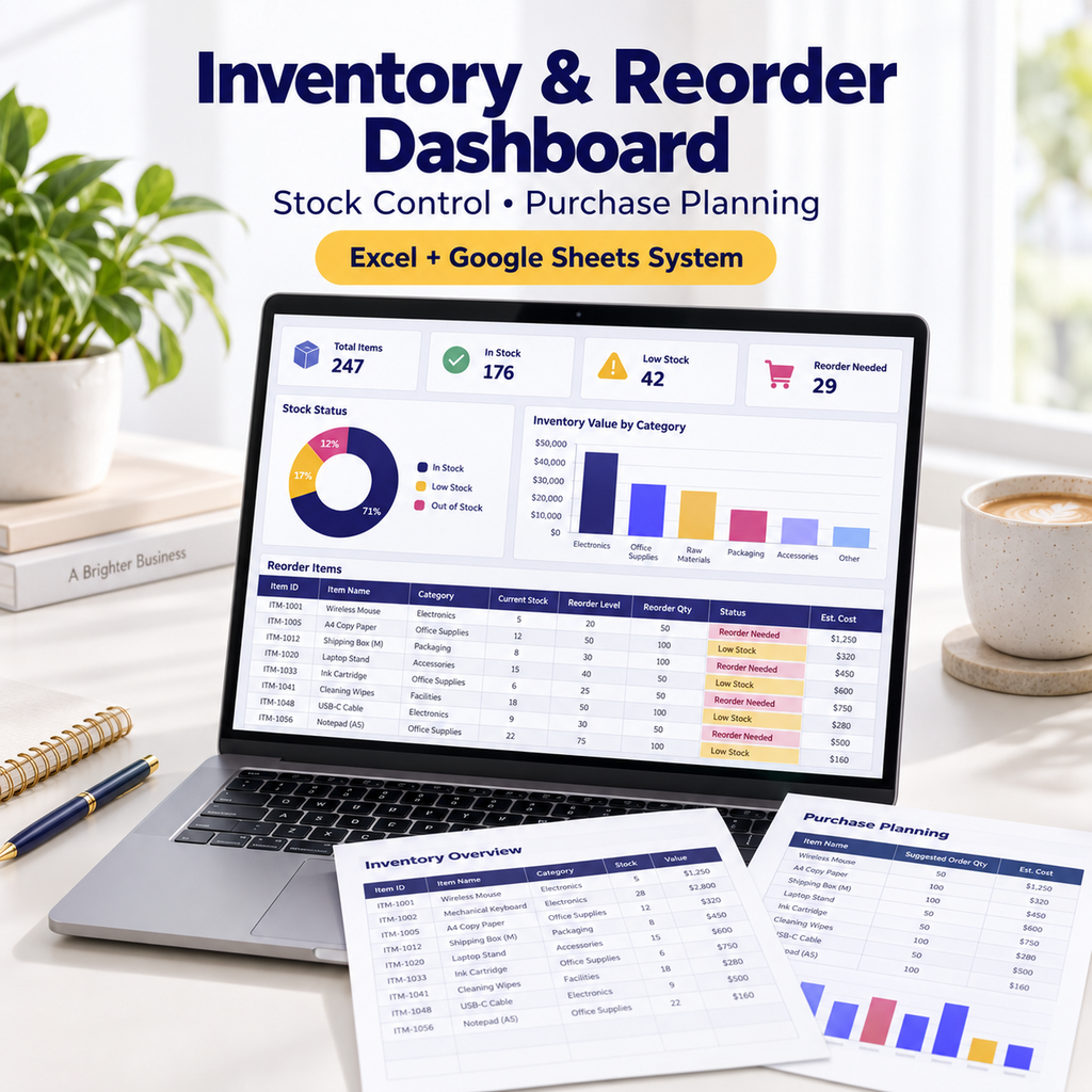 Inventory and Reorder Management Dashboard Excel and Google Sheets system