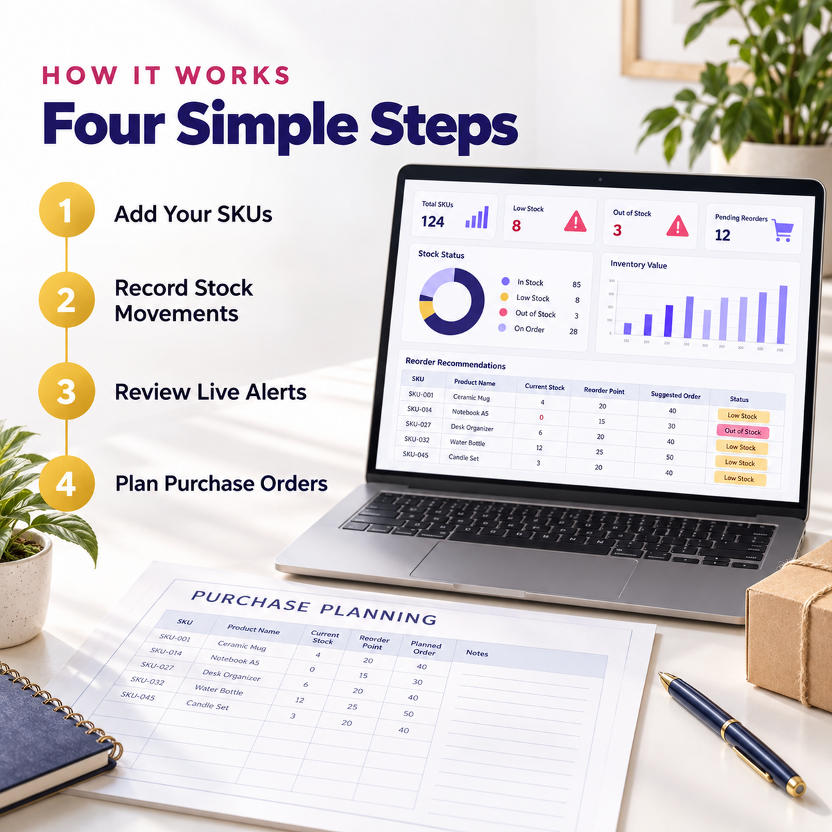 Four-step inventory workflow to add SKUs, record movements, review alerts and plan purchase orders
