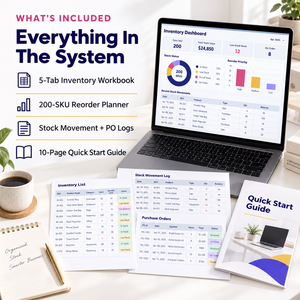 Inventory dashboard workbook, reorder planner, stock and purchase order logs, and quick-start guide