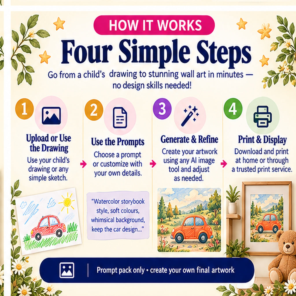 How to turn a child drawing into storybook wall art with AI prompts in four simple steps