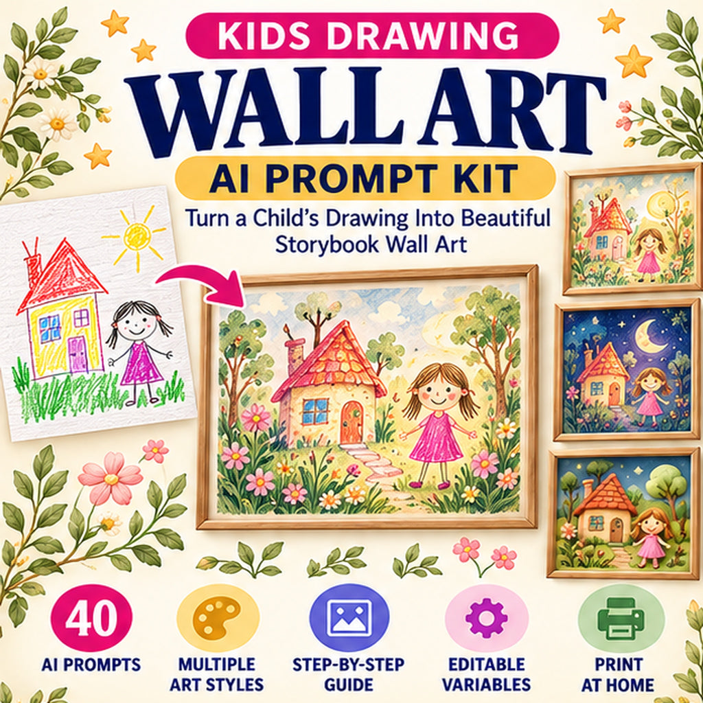 Kids drawing wall art AI prompt kit with a child drawing transformed into storybook art and 40 AI prompts