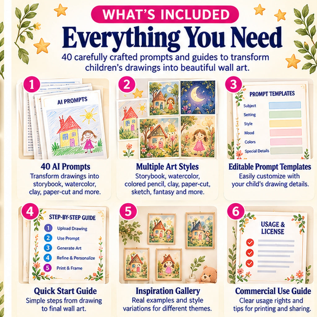 Kids drawing wall art AI prompt kit contents with 40 transformation prompts editable variables and quick start guides