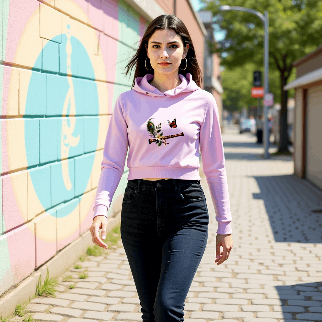 Divine Krishna Flute Printed Cropped Hoodie