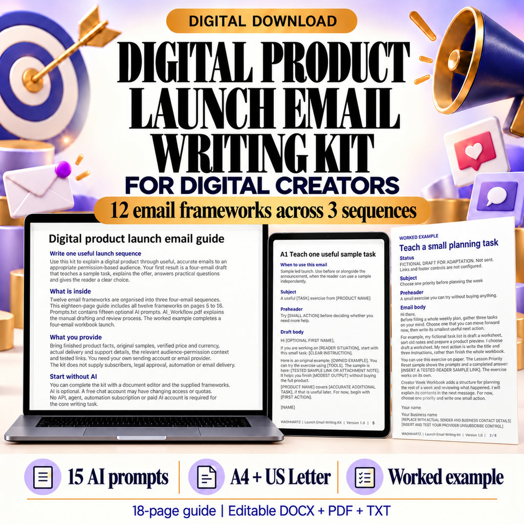 Digital product launch email writing kit with twelve email frameworks across three sequences, fifteen optional prompts and an eighteen-page guide.