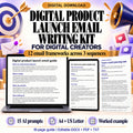 Digital product launch email writing kit with twelve email frameworks across three sequences, fifteen optional prompts and an eighteen-page guide.