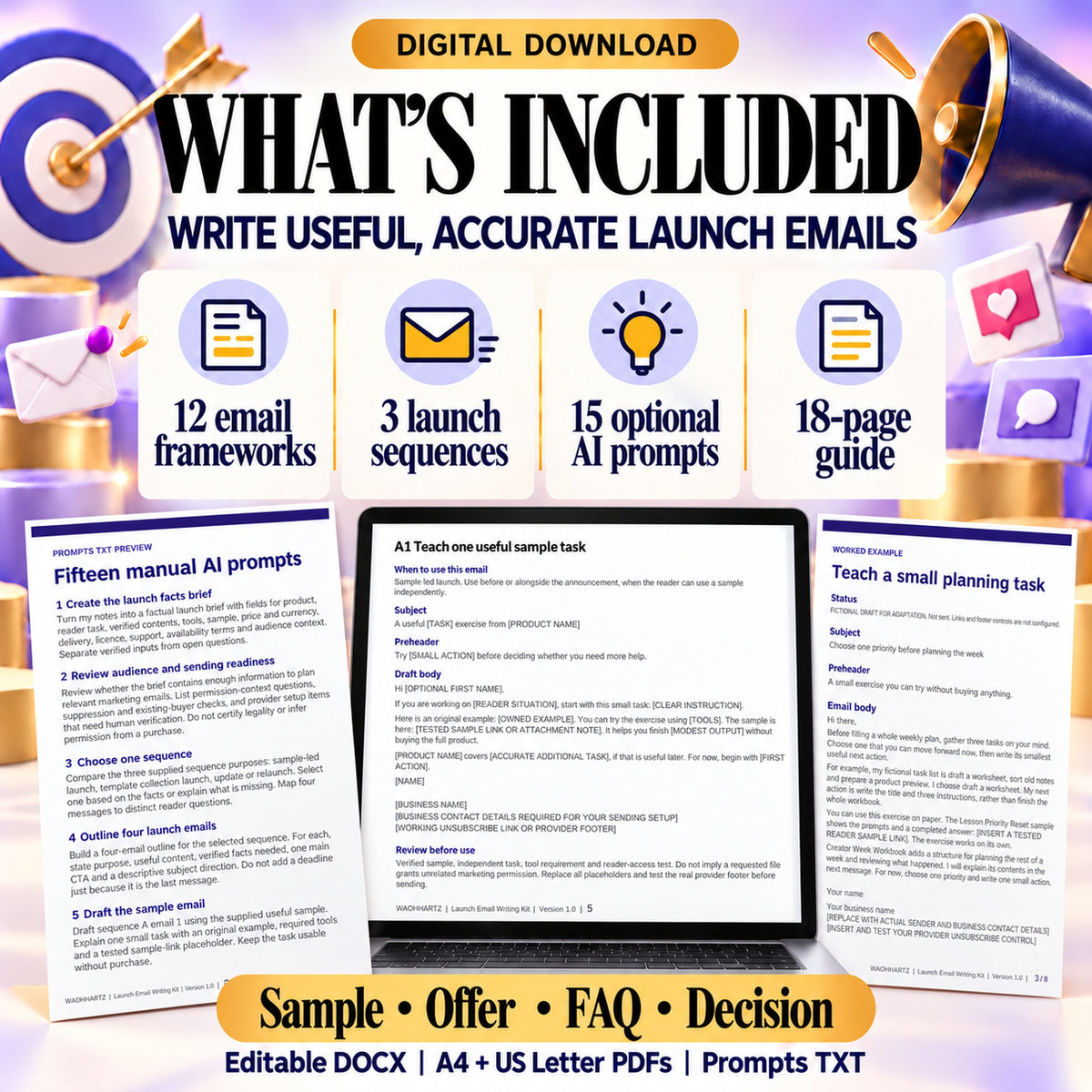 Launch email kit contents: twelve frameworks, three launch sequences, fifteen optional AI prompts and an eighteen-page guide.