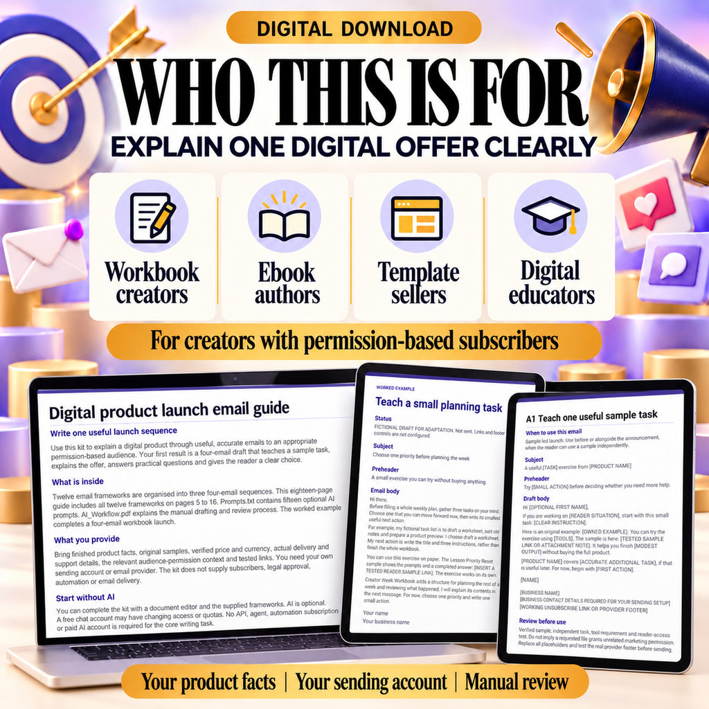 Launch email templates for workbook creators, ebook authors, template sellers and digital educators with permission-based subscribers.
