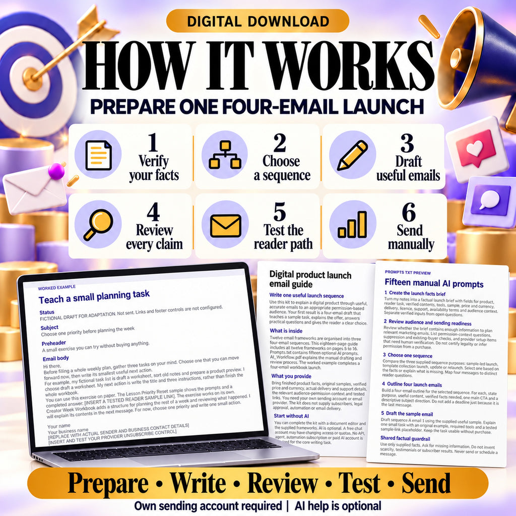 Six steps to verify product facts, choose a sequence, draft emails, review claims, test the reader path and send manually.