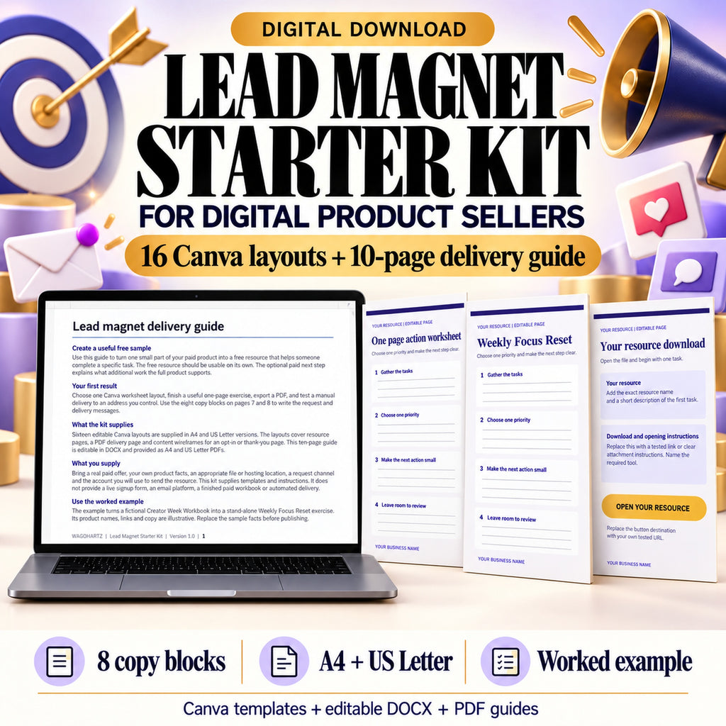 Lead magnet starter kit for digital product sellers with sixteen Canva layouts, a ten-page guide and eight copy blocks.