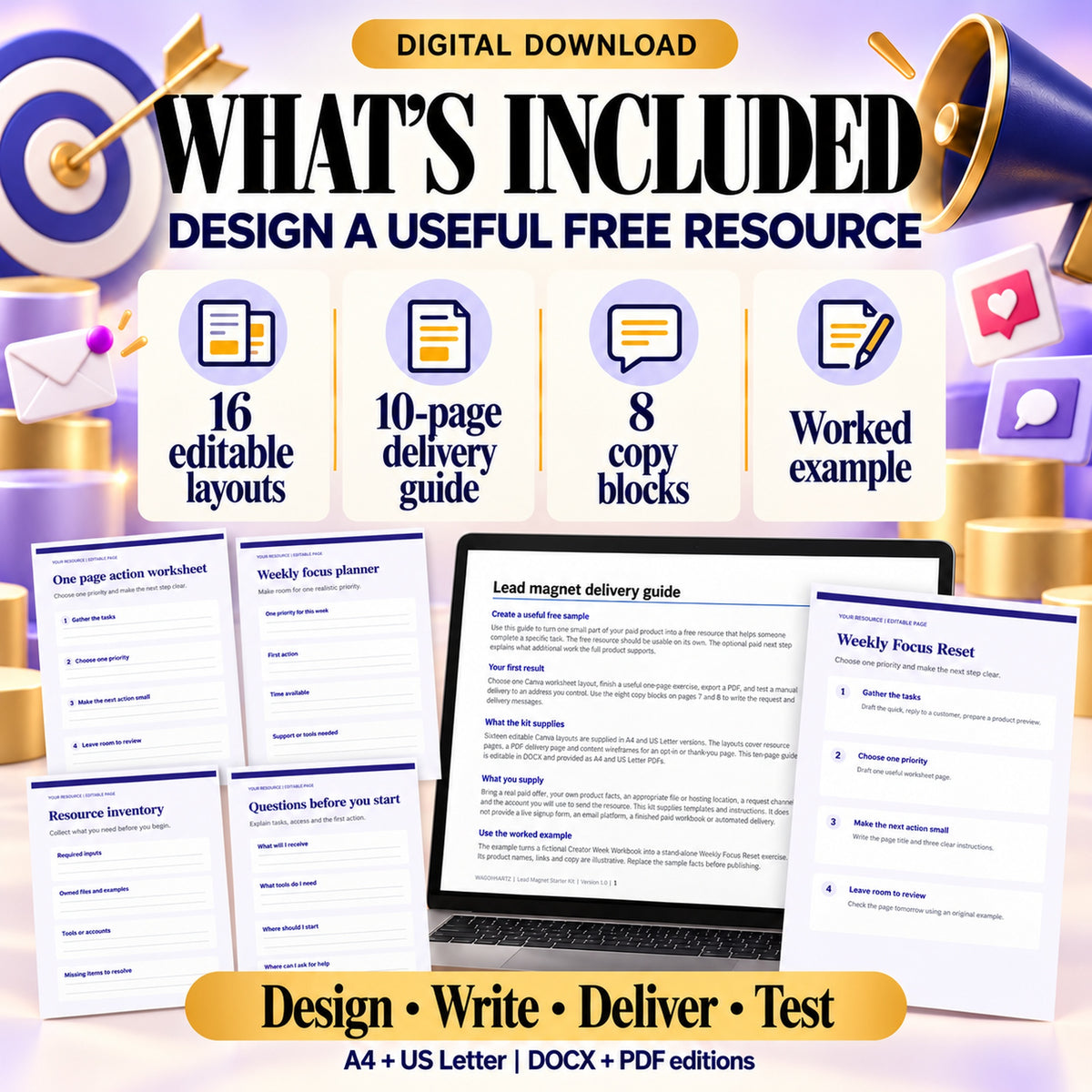 Lead magnet kit contents: sixteen layouts, ten-page delivery guide, eight copy blocks and a worked example.