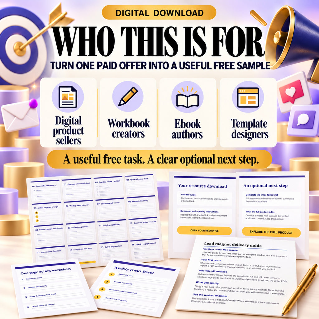Lead magnet toolkit for digital product sellers, workbook creators, ebook authors and template designers.