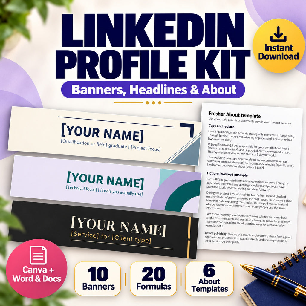 LinkedIn banner template and About section examples with three actual Canva banner styles and editable profile workbook
