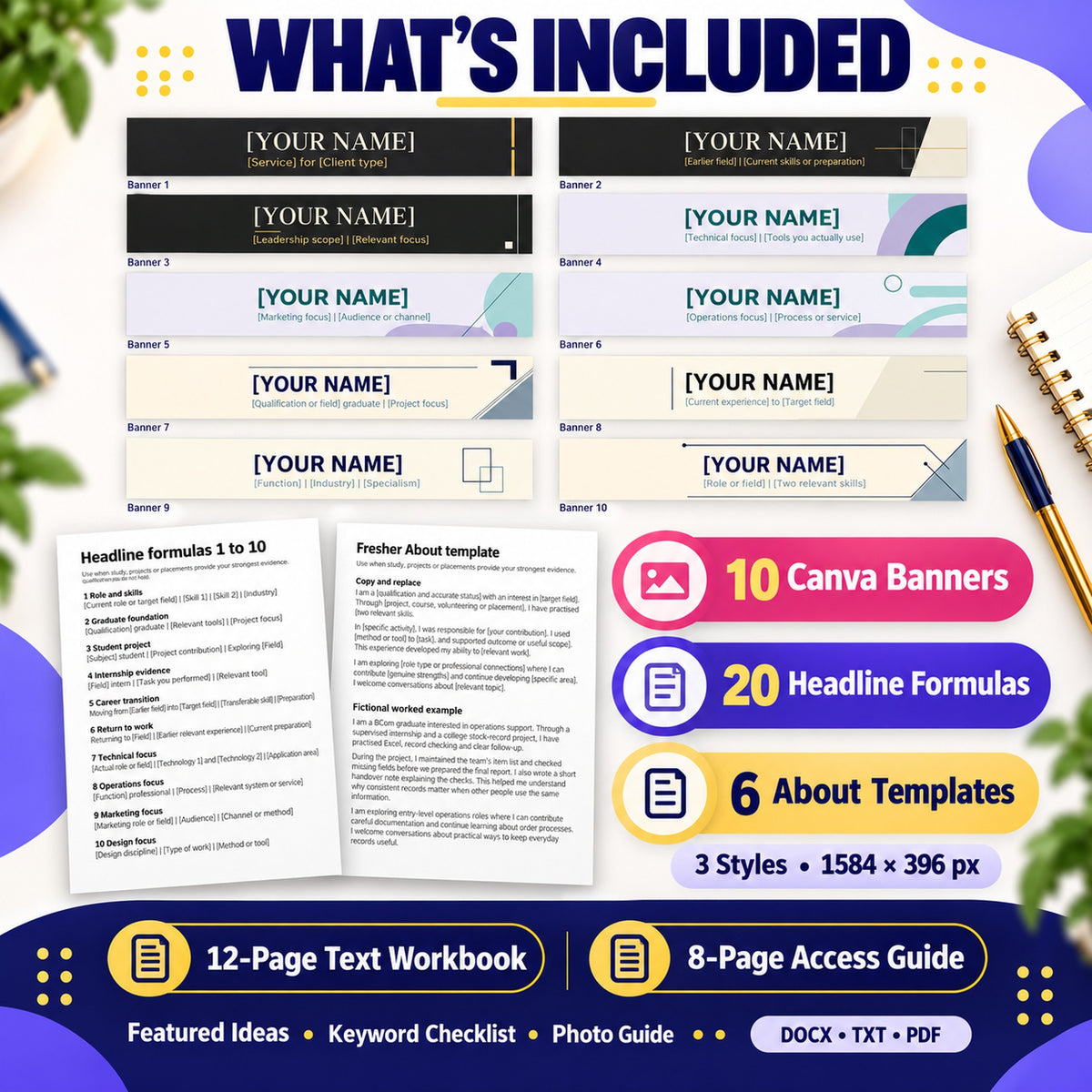 LinkedIn profile kit with 10 Canva banners, 20 headline formulas, six About templates, 12-page workbook and eight-page guide