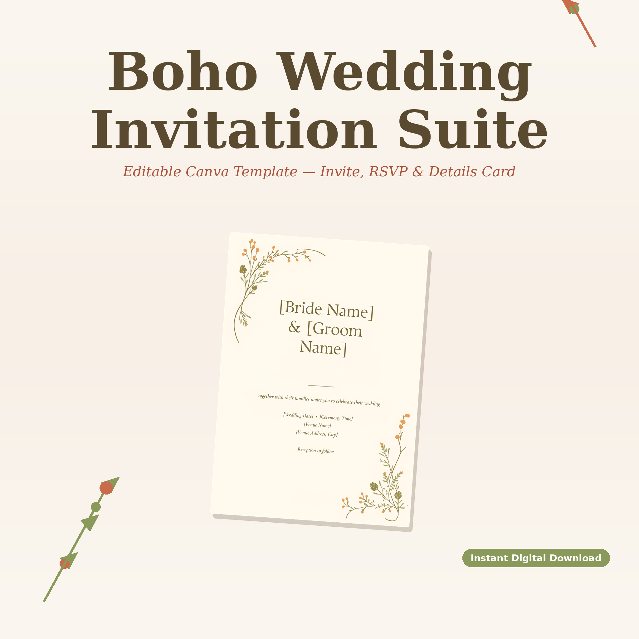 Boho Wedding Invitation Suite Template - Editable Canva Wildflower Wedding Stationery