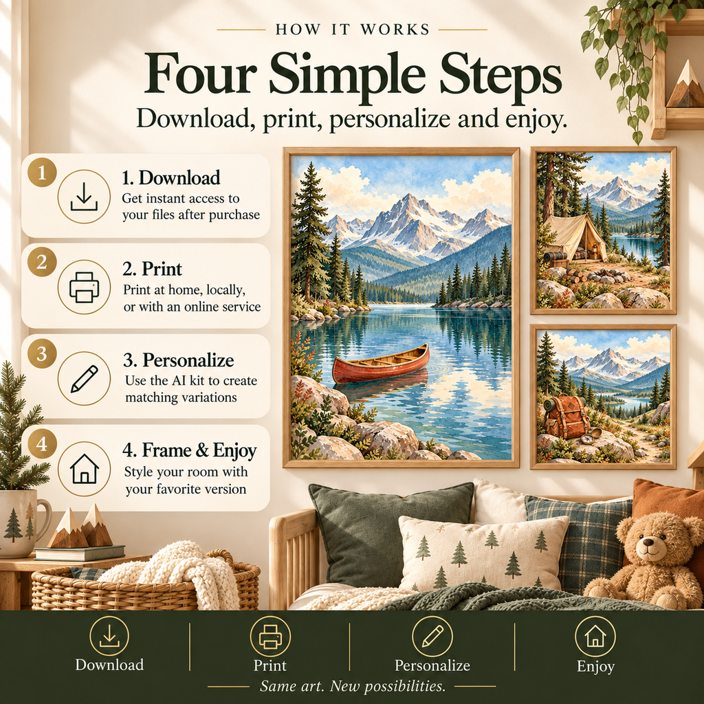 How to use adventure nursery wall art: download, choose a compatible 4 to 5 print size, print and frame, and create matching variations with the AI kit