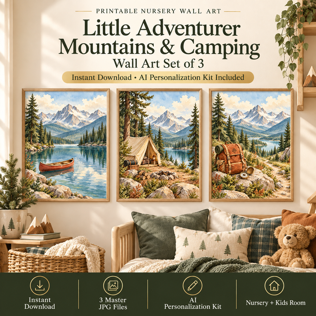 Adventure nursery wall art set of 3 with canoe on mountain lake, tent under pines and backpack trail prints for nursery and kids room