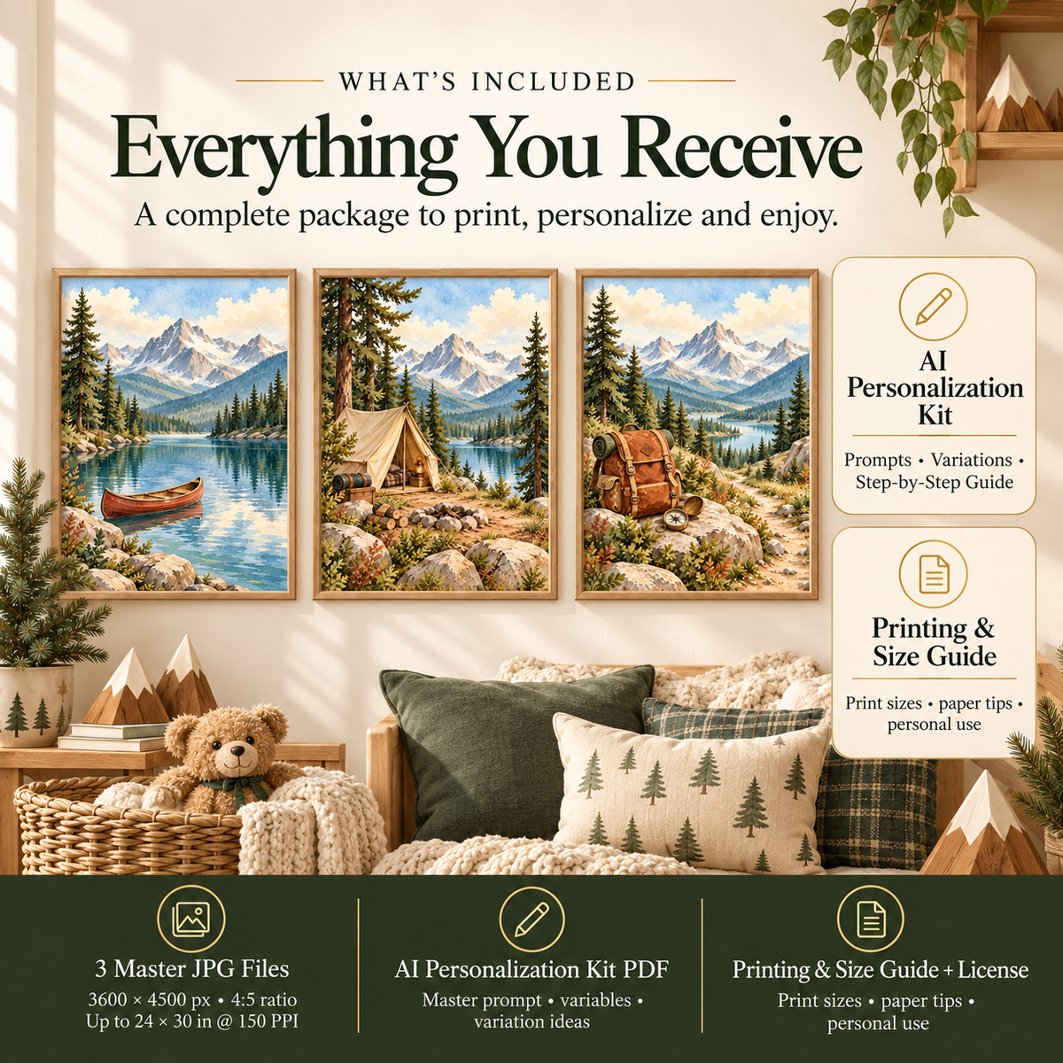 Adventure nursery wall art download with three 3600 by 4500 px master JPGs, AI Personalized Kit, printing guide and personal-use license