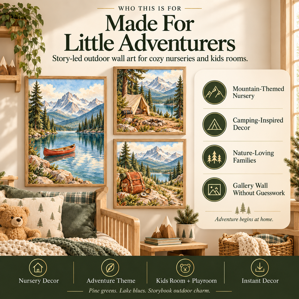 Mountain nursery wall art and camping nursery prints for outdoor themed nurseries, kids rooms, playrooms and nature-loving families