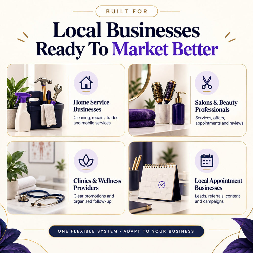 Local business marketing templates for home services, salons, beauty professionals, clinics, wellness providers and appointment businesses
