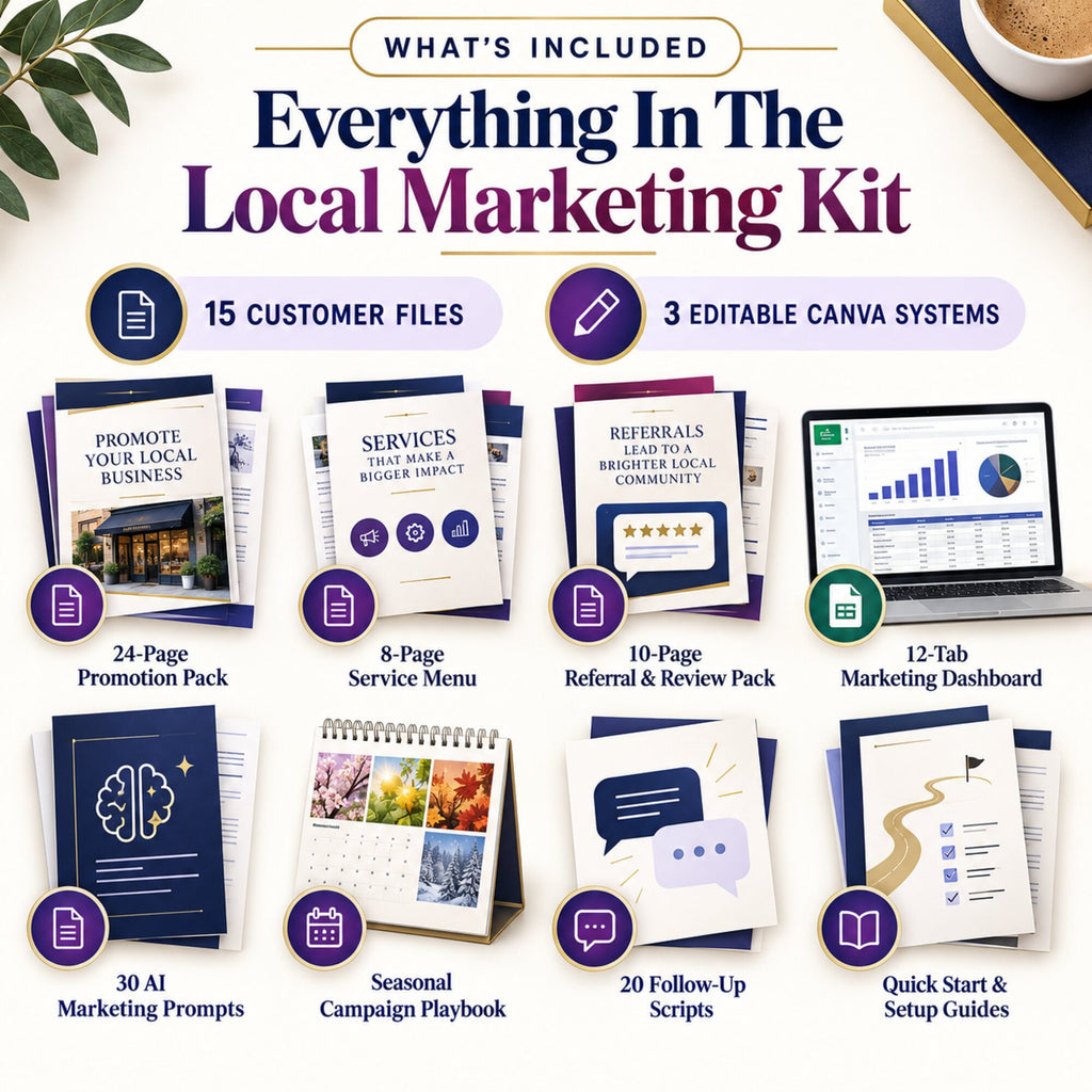 Fifteen-file local marketing kit with promotion pack, service menu, referral and review templates, dashboard, AI prompts and guides