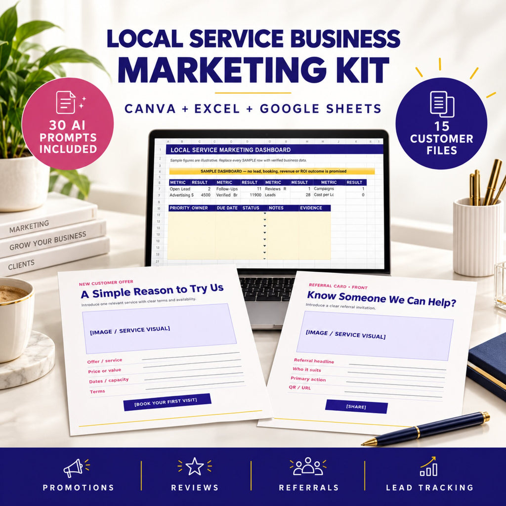 Local Service Business Marketing Kit with Canva promotion templates, Excel and Google Sheets dashboard, and AI prompts