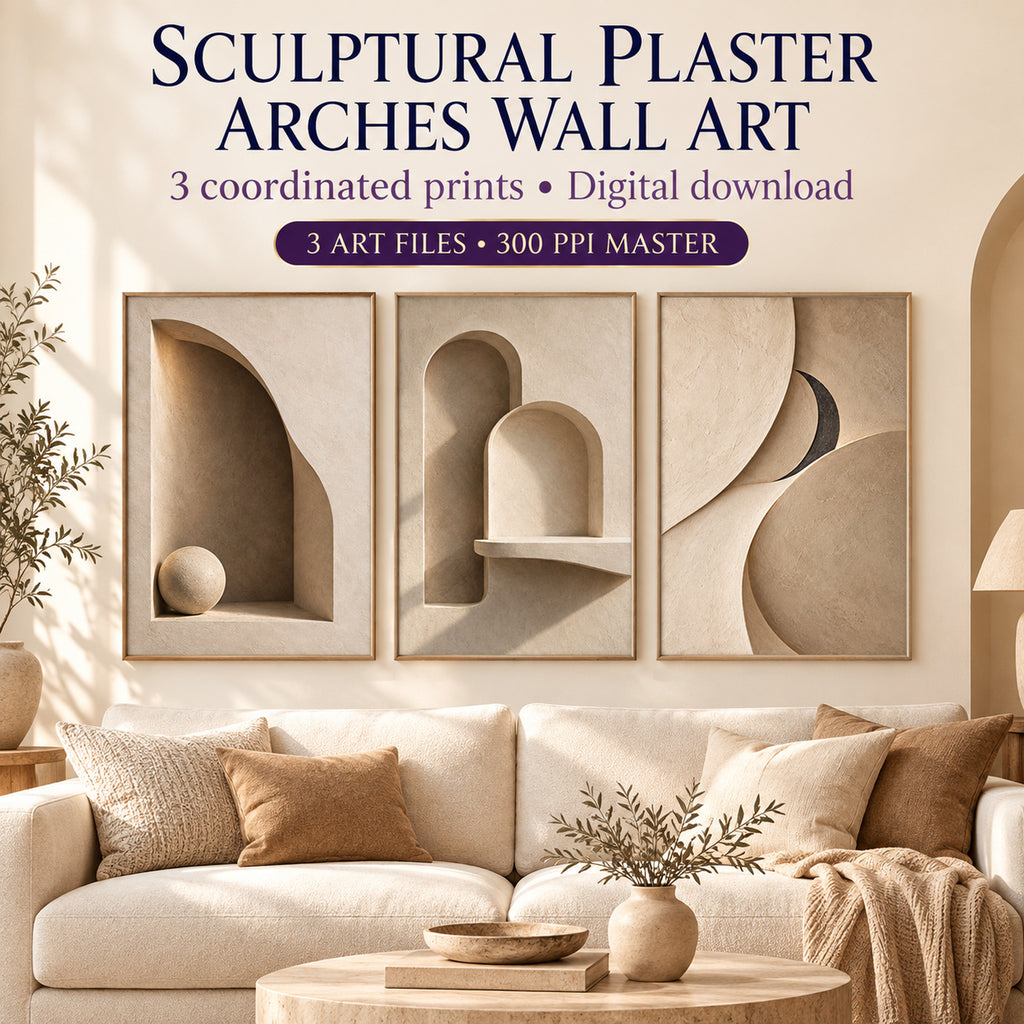 Sculptural Plaster Arches printable living room wall art set of 3 shown above a cream sofa