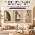 Sculptural Plaster Arches printable living room wall art set of 3 shown above a cream sofa