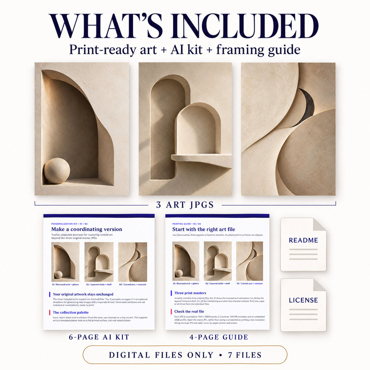 What is included in Sculptural Plaster Arches download: 3 art JPGs, AI kit, framing guide and text instructions