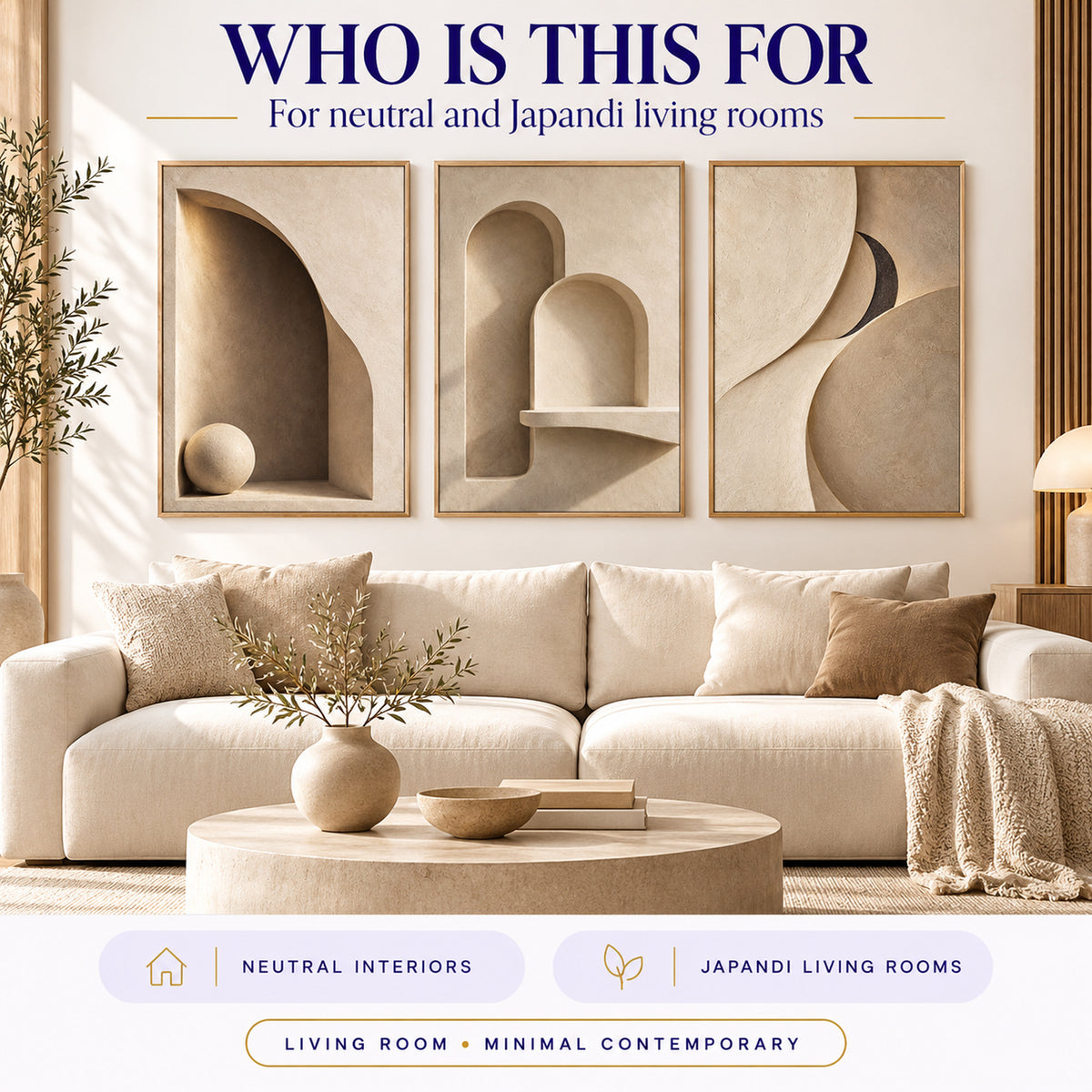 Sculptural Plaster Arches printable wall art styled for neutral and Japandi living rooms above a cream sofa