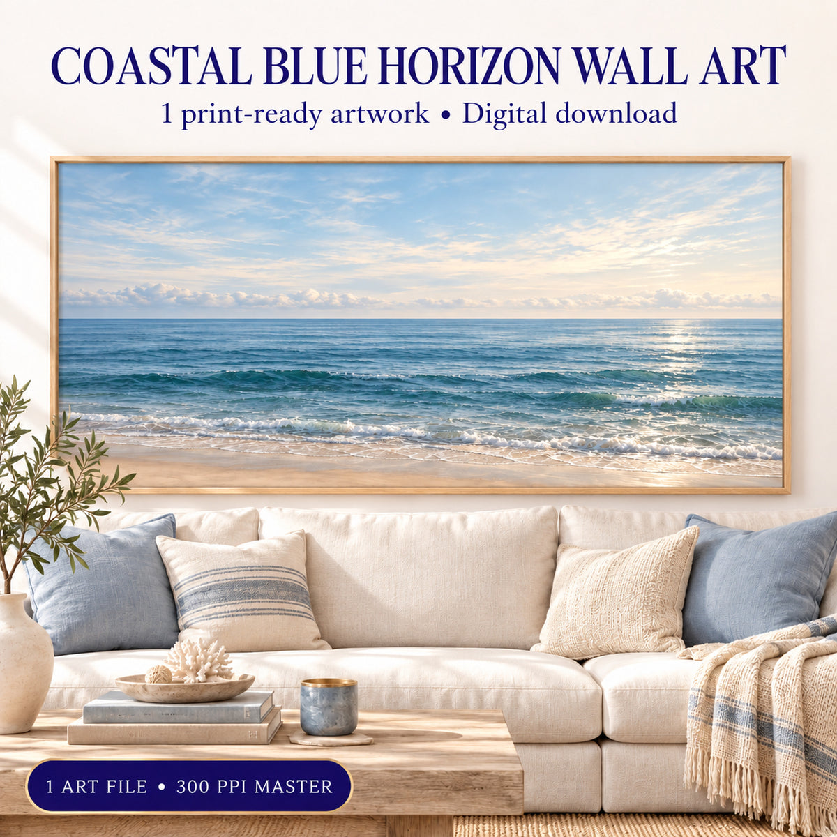 Coastal Blue Horizon printable living room wall art single panoramic print shown above a long sofa