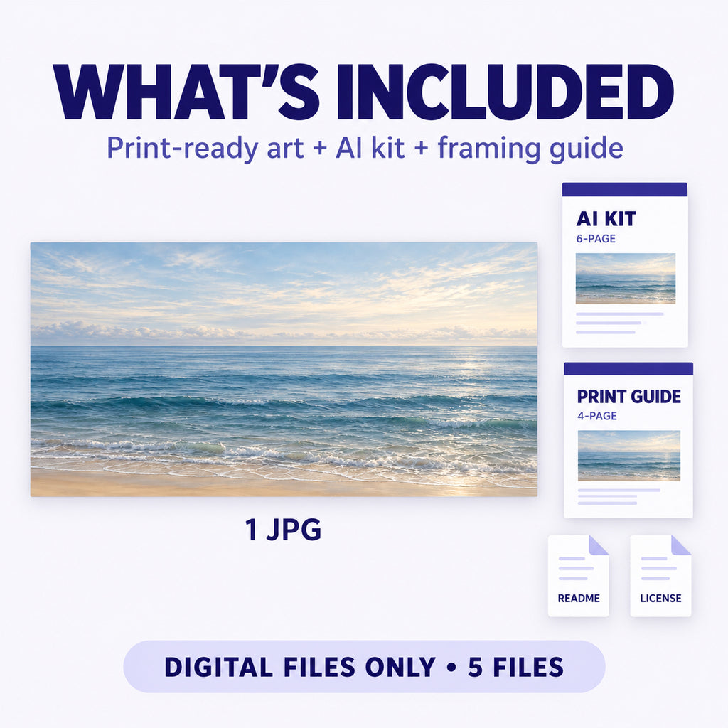What is included in Coastal Blue Horizon download: one art JPG, AI kit, framing guide and text instructions