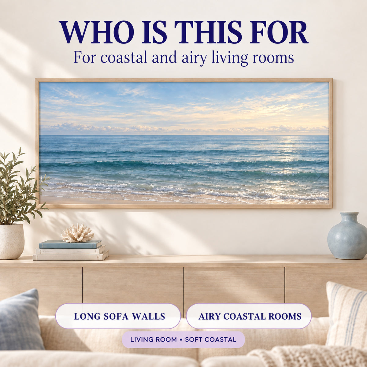 Coastal Blue Horizon printable wall art styled for airy coastal living rooms over a sideboard