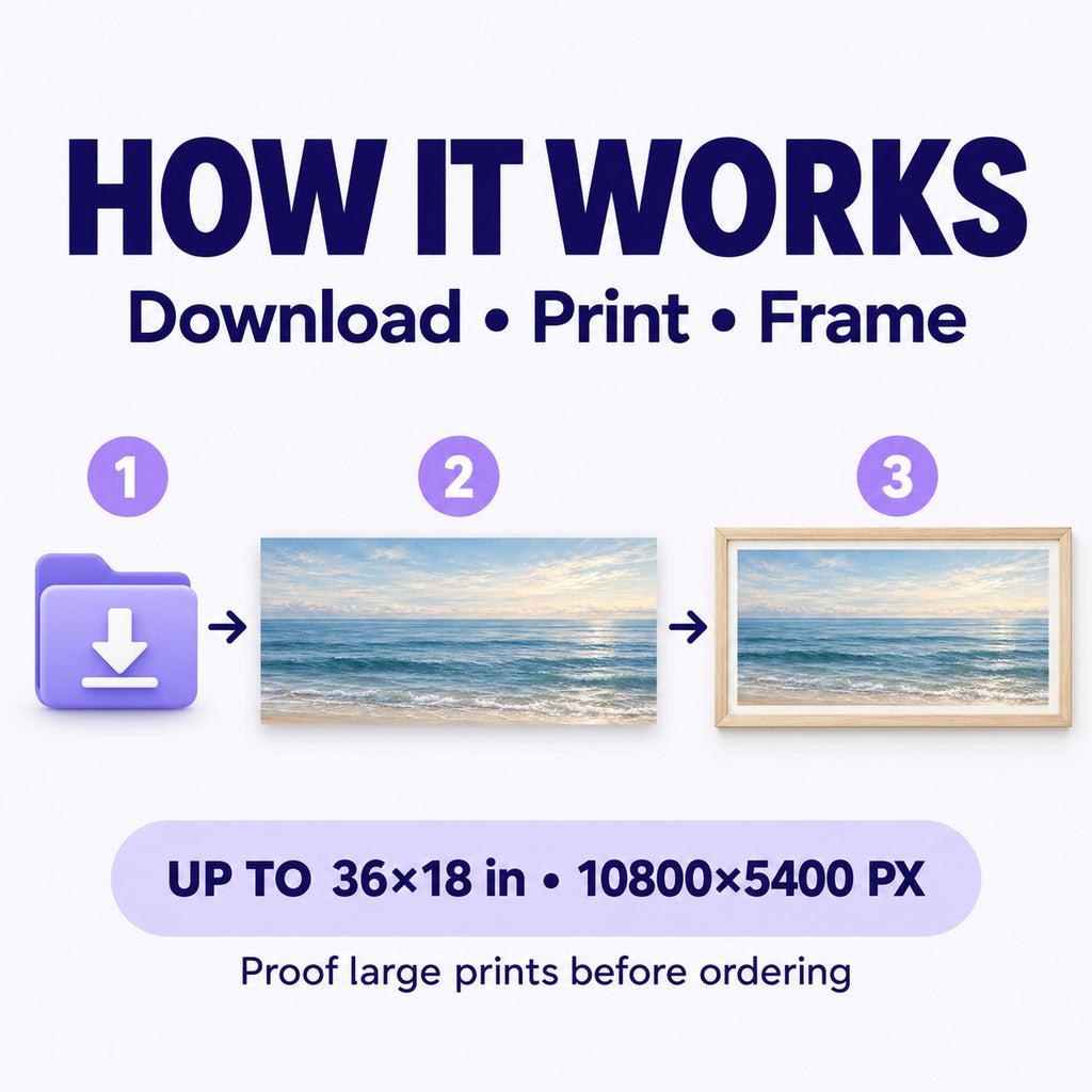 How to download, print and frame Coastal Blue Horizon art in 2:1 landscape with large-print proof advice