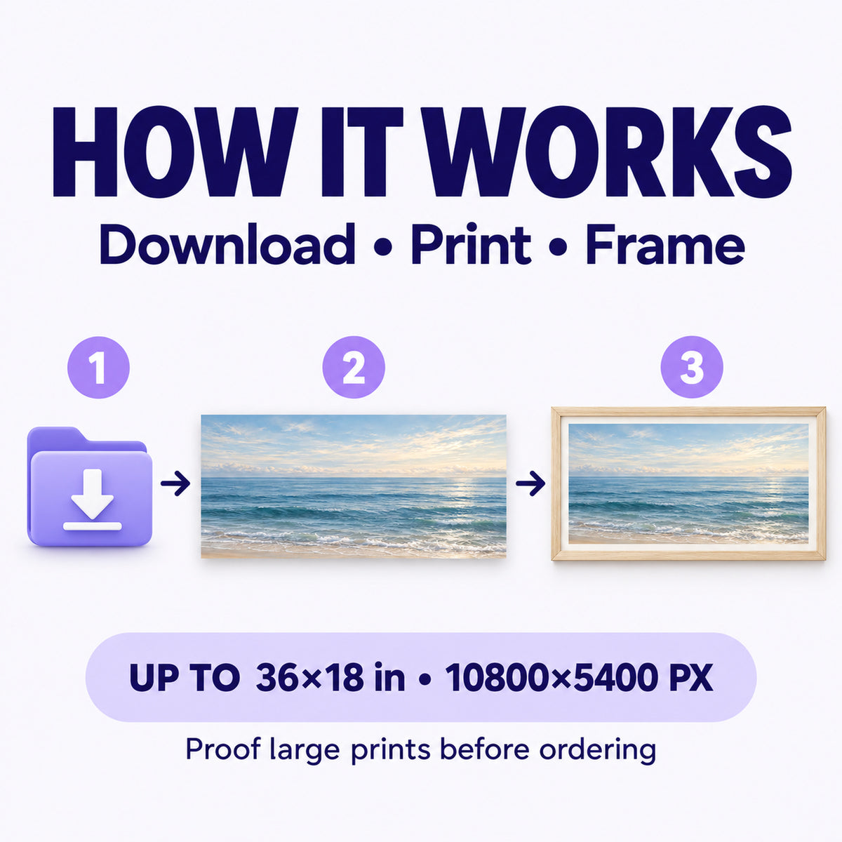 How to download, print and frame Coastal Blue Horizon art in 2:1 landscape with large-print proof advice