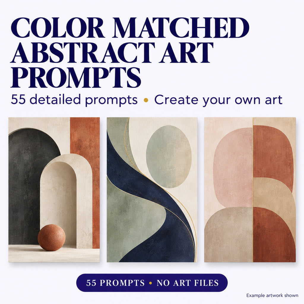 AI prompt pack for color matched abstract art showing three example living room art designs