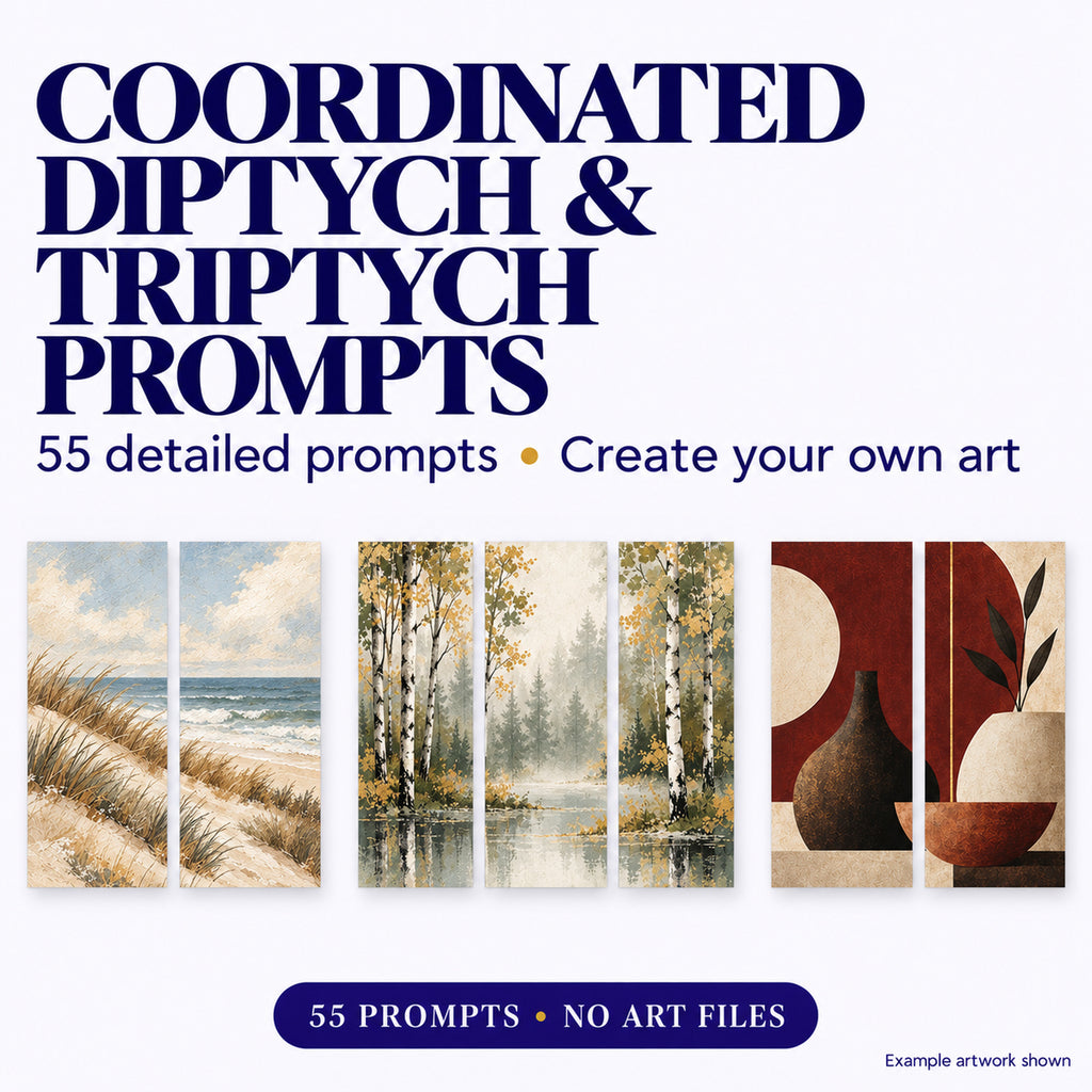 AI prompt pack for coordinated diptych and triptych showing three example living room art designs