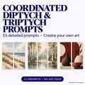 AI prompt pack for coordinated diptych and triptych showing three example living room art designs