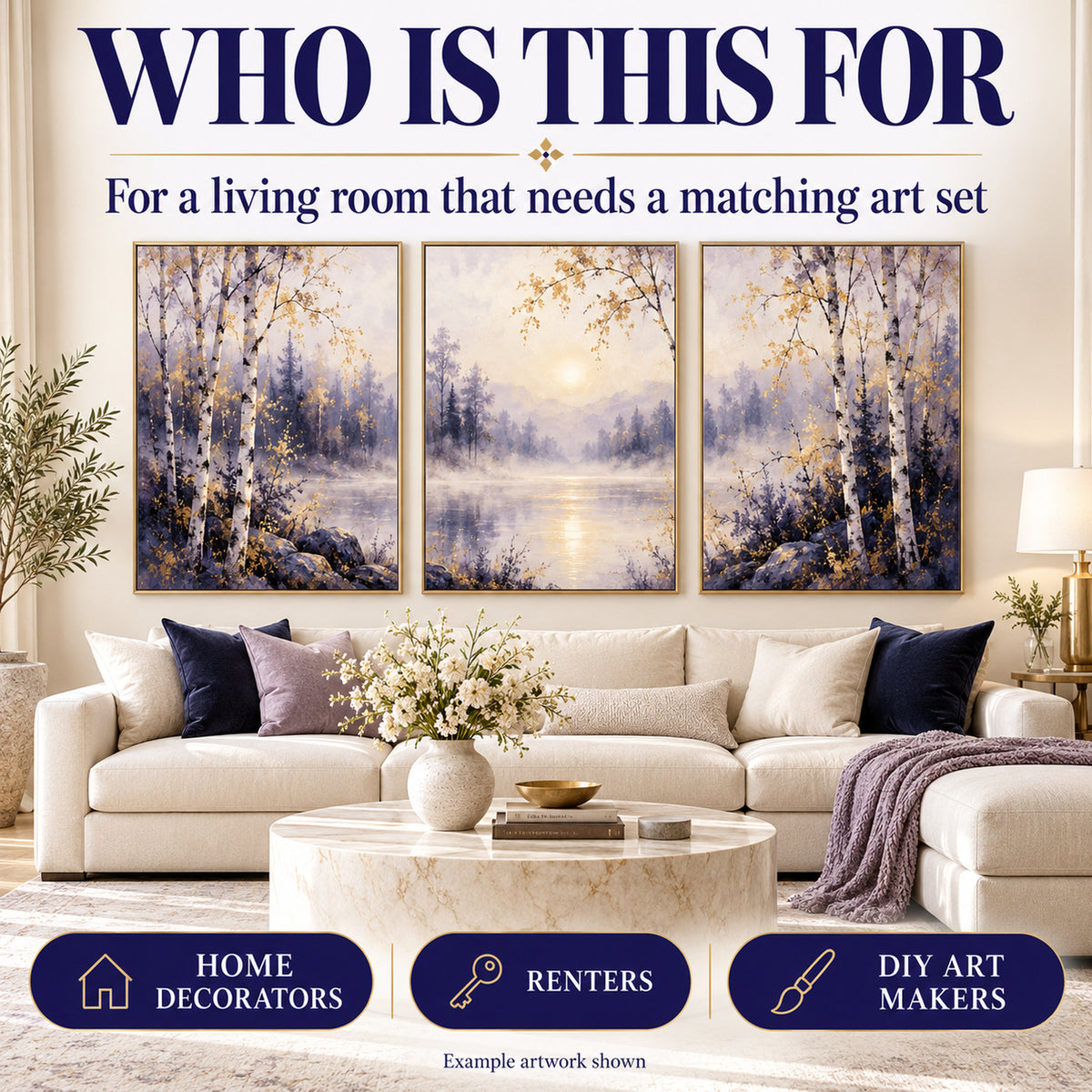 Living room preview using coordinated diptych and triptych AI image prompts