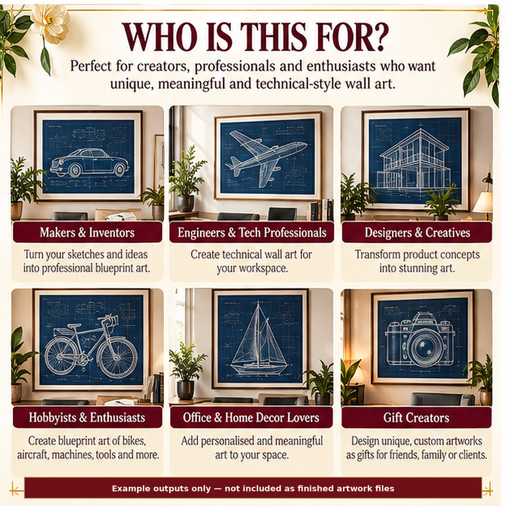 Who Maker Sketch Blueprint Studio is for, with varied example blueprint-style outputs for makers, professionals, decorators and gift creators.