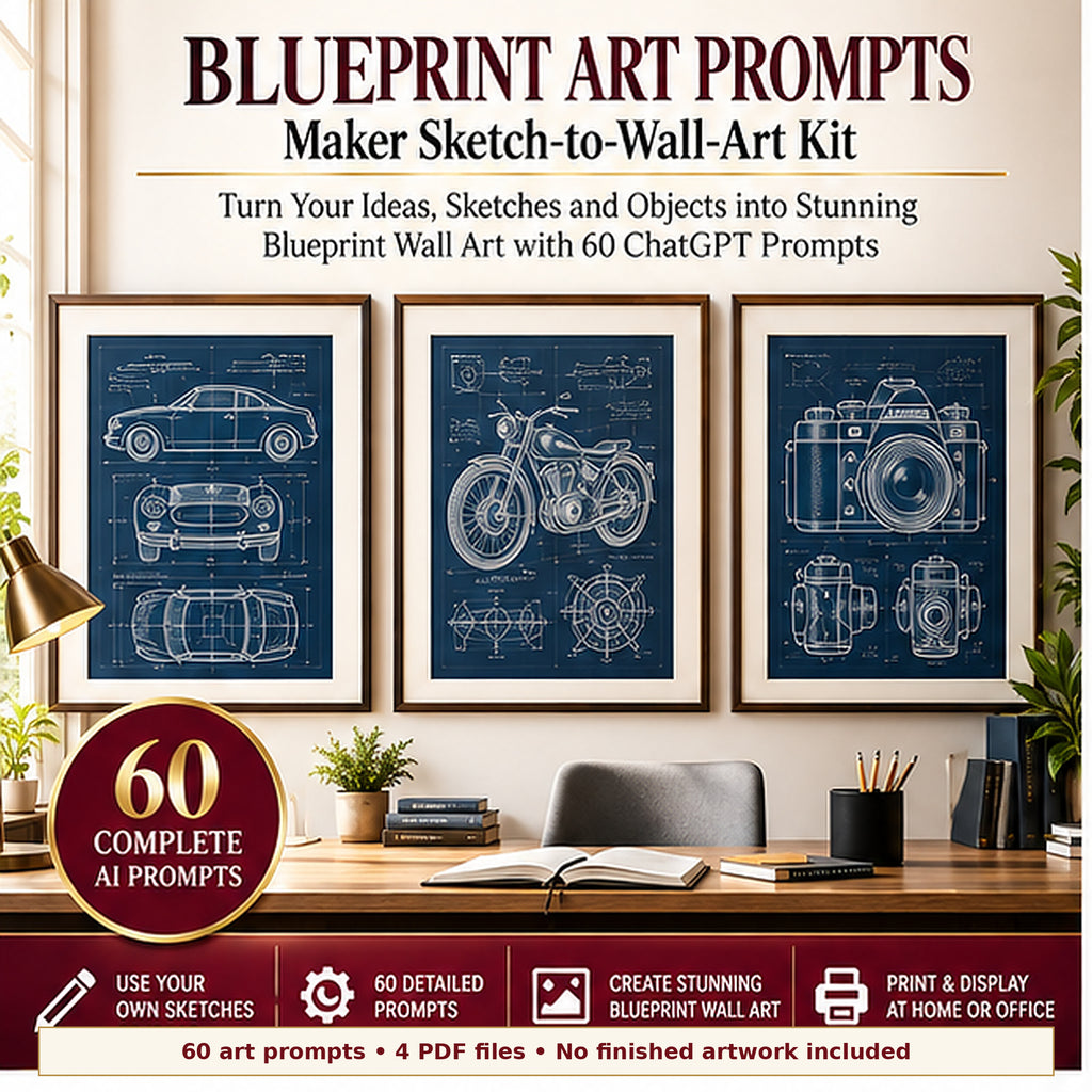 Blueprint Art Prompts Maker Sketch-to-Wall-Art Kit with 60 prompts and varied example blueprint-style artwork; no finished artwork included.