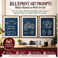 Blueprint Art Prompts Maker Sketch-to-Wall-Art Kit with 60 prompts and varied example blueprint-style artwork; no finished artwork included.