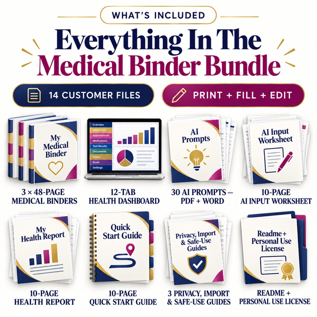 What is included in the medical binder bundle: 14 PDF Excel Word and text customer files